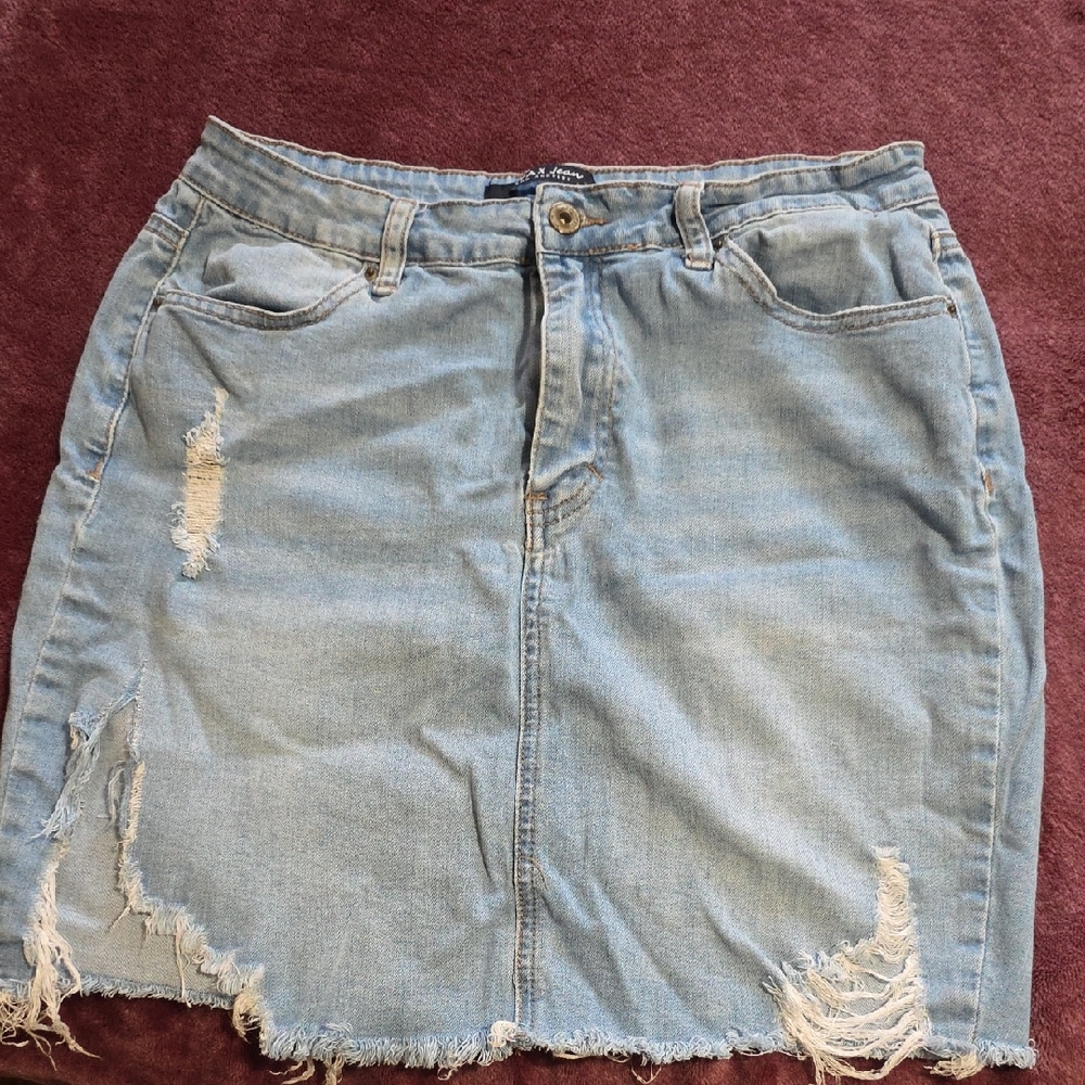 Wax Jean Light Blue Distressed Mini Skirt